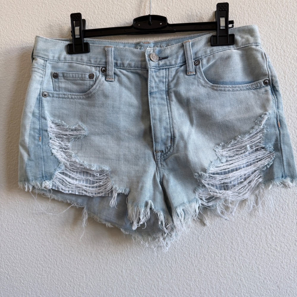 American Eagle Vintage Hi-Rise Festival Denim Shorts Light Wash Distressed Sz 6